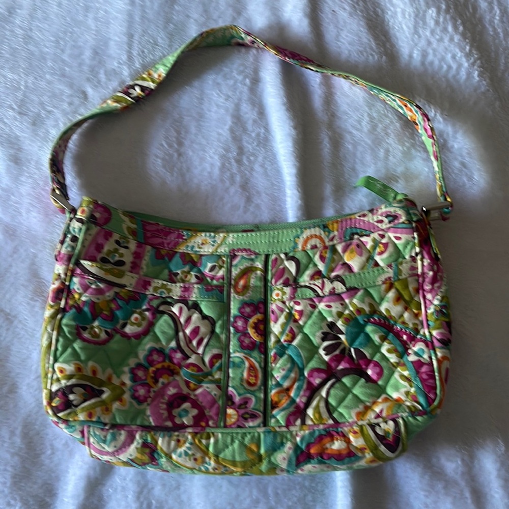 Vera Bradley handbag. Green/pink/yellow/blue paisley. 12 inches by 7 inches.